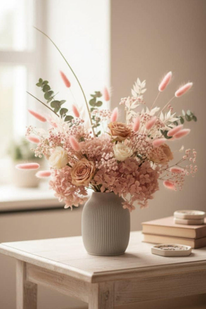 betoninė vaza su sausais augalais papuoš namus ar biuro erdvę rudens sezonu derančiais pastelinių spalvų akcentais