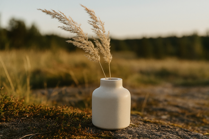 betoninė vaza su smilgomis natūralioje aplinkoje