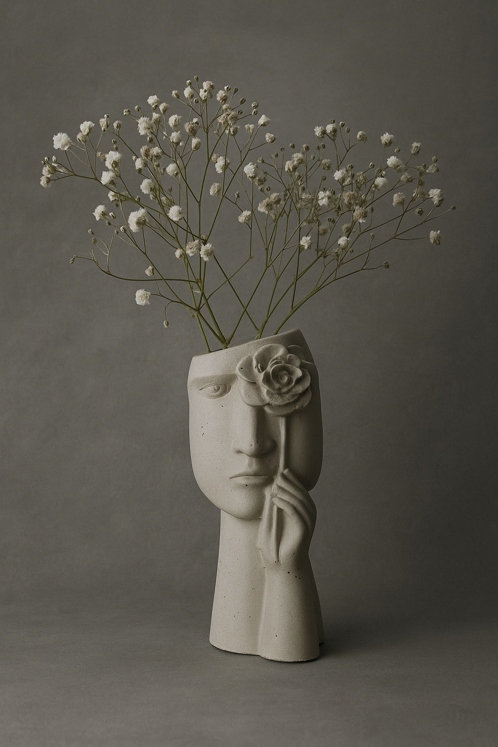 rankų darbo vaza iš betono su gubojos šakele pilkame fone, tinkama dovanoti ar papuošti savo namus