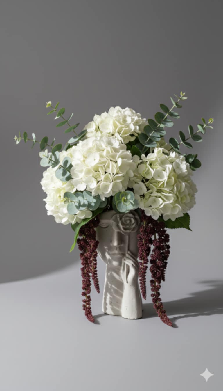 Rankų darbo betoninė moters veido formos vaza su gėlėmis pilkame fone