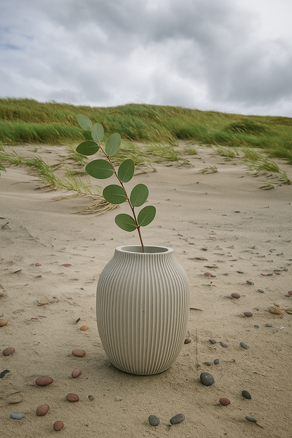 White vase with a plant on a sandy beach with grassy dunes in the background