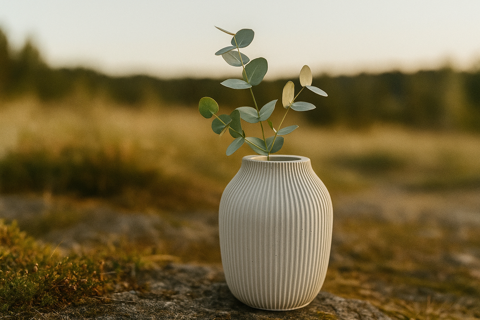 White vase with green leaves on a blurred natural background