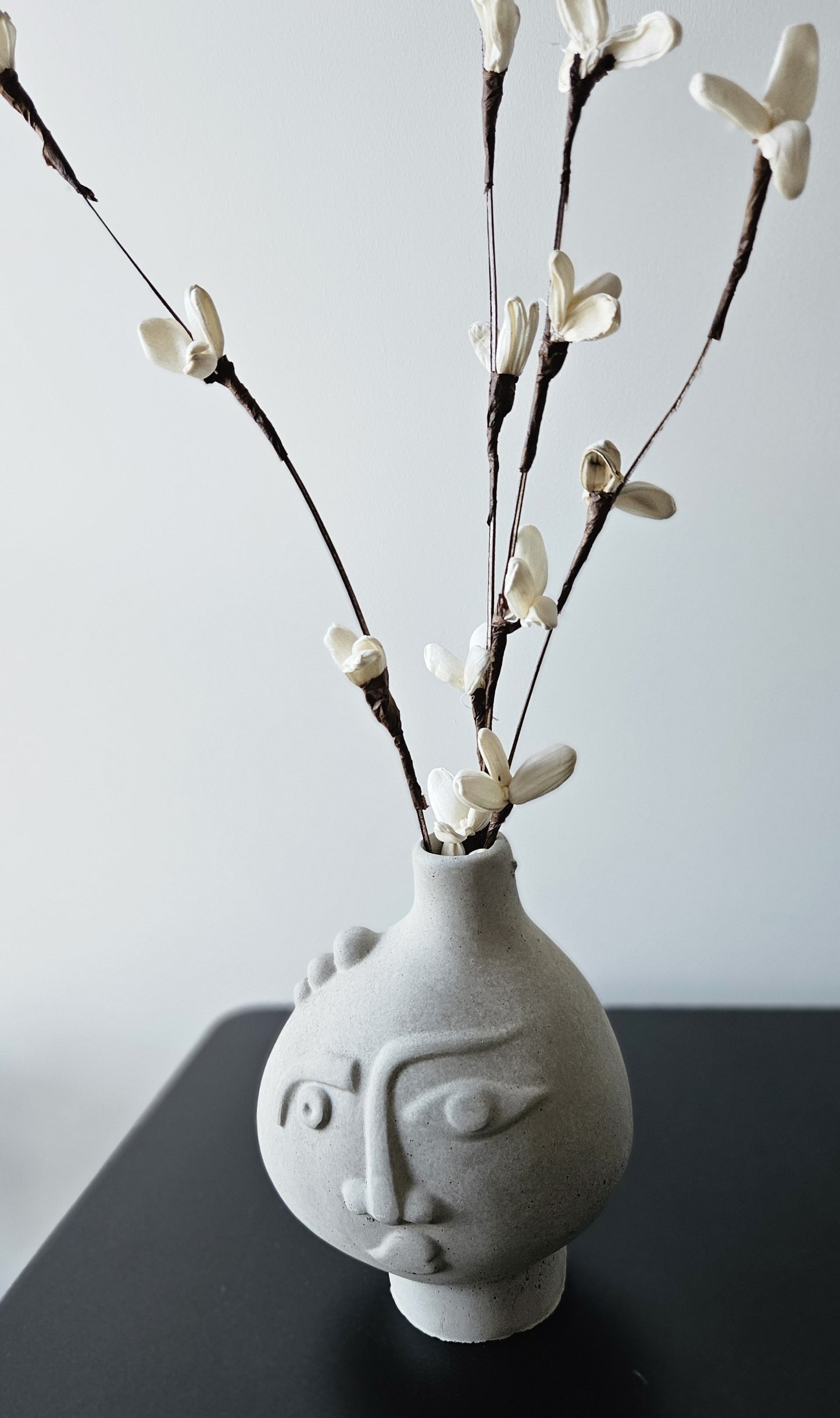 Rankų darbo betoninė vazelė su žmogaus veido reljefu ir sausomis gėlėmis – minimalistinė interjero detalė, tinkanti moderniam ir wabi-sabi stiliaus namų dekorui