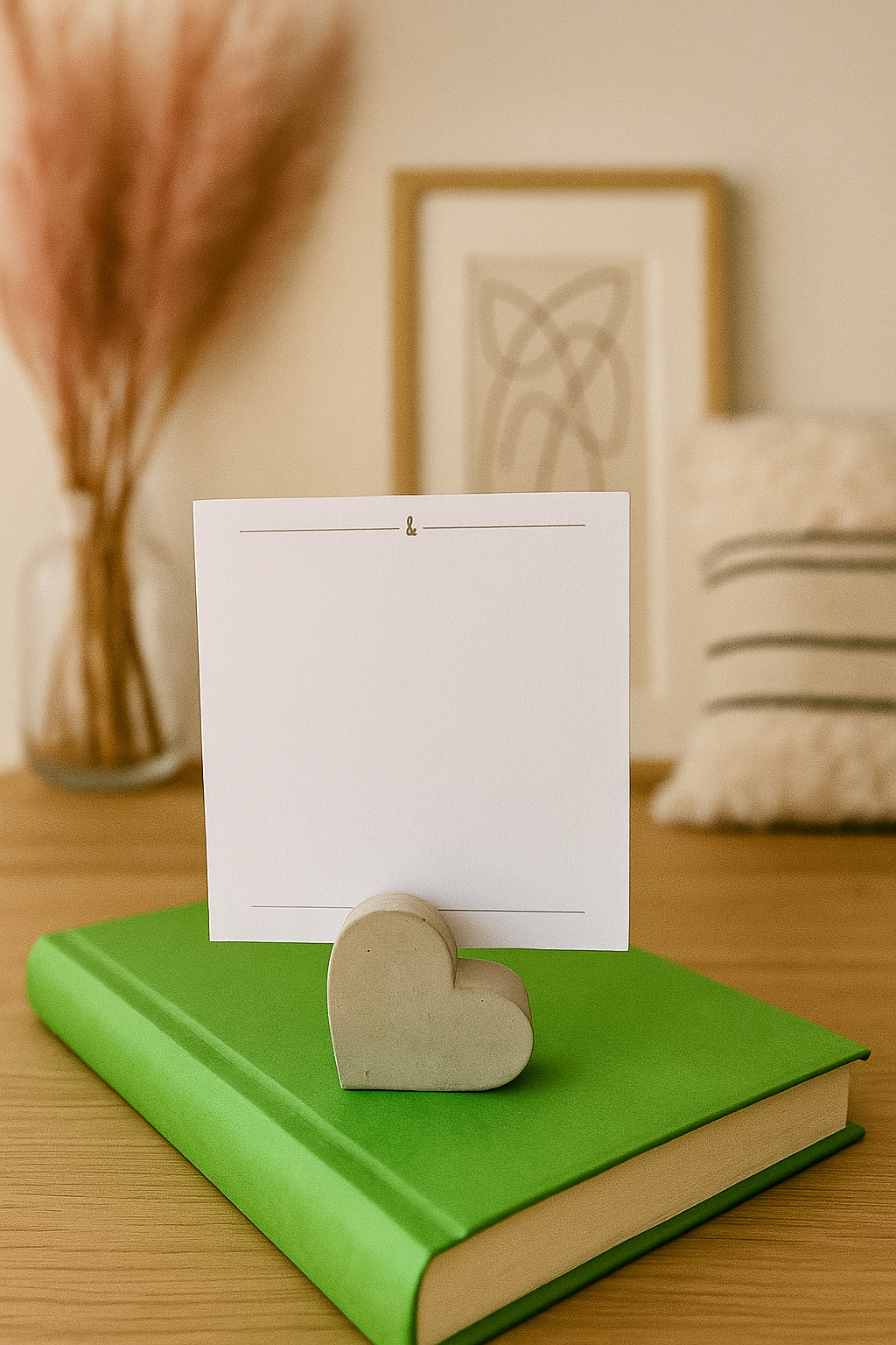 širdelės formos betoninis laikiklis atvirukui namų aplinkoje